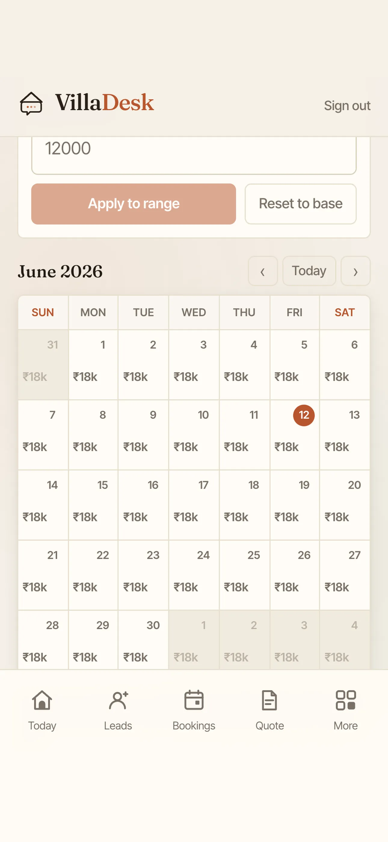 VillaDesk app — Calendar screen
