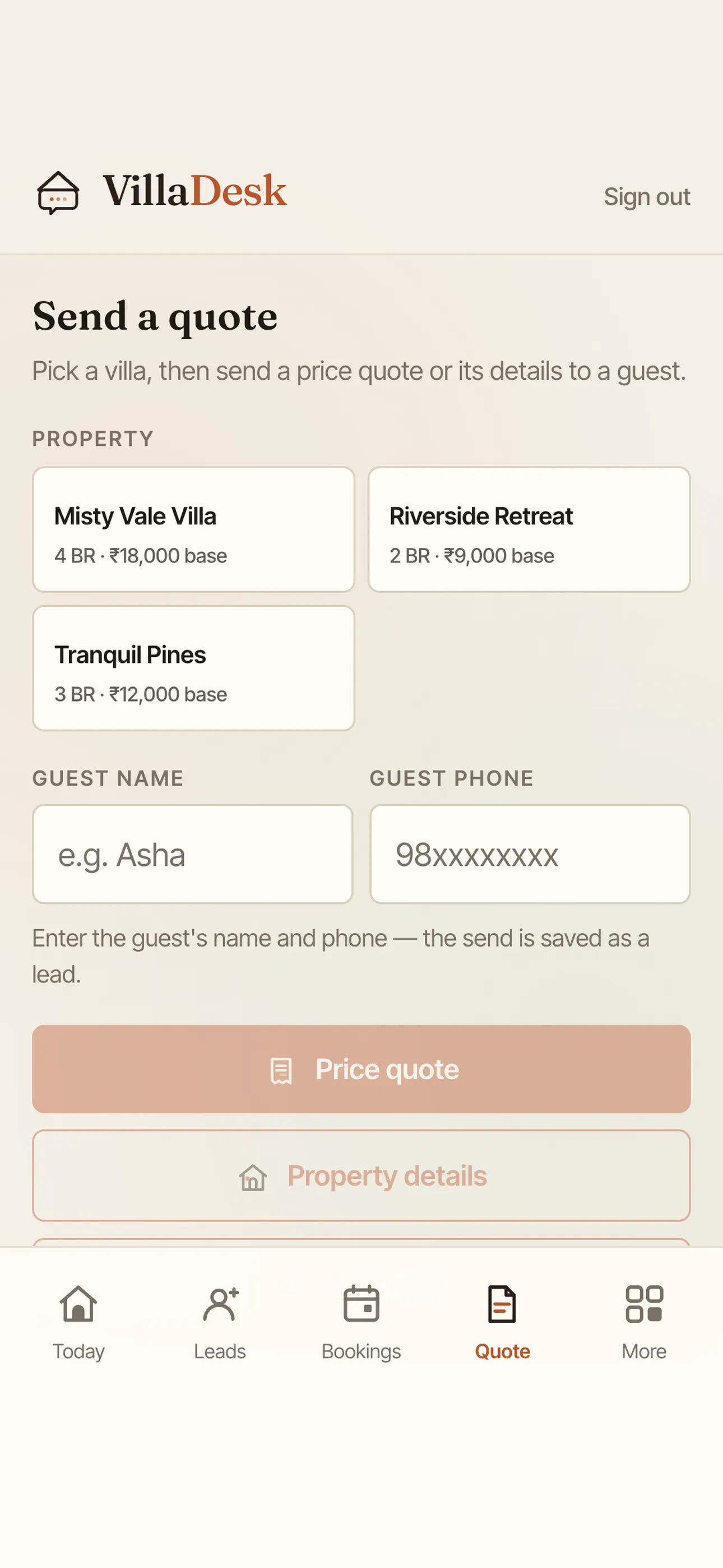VillaDesk app — Quote screen