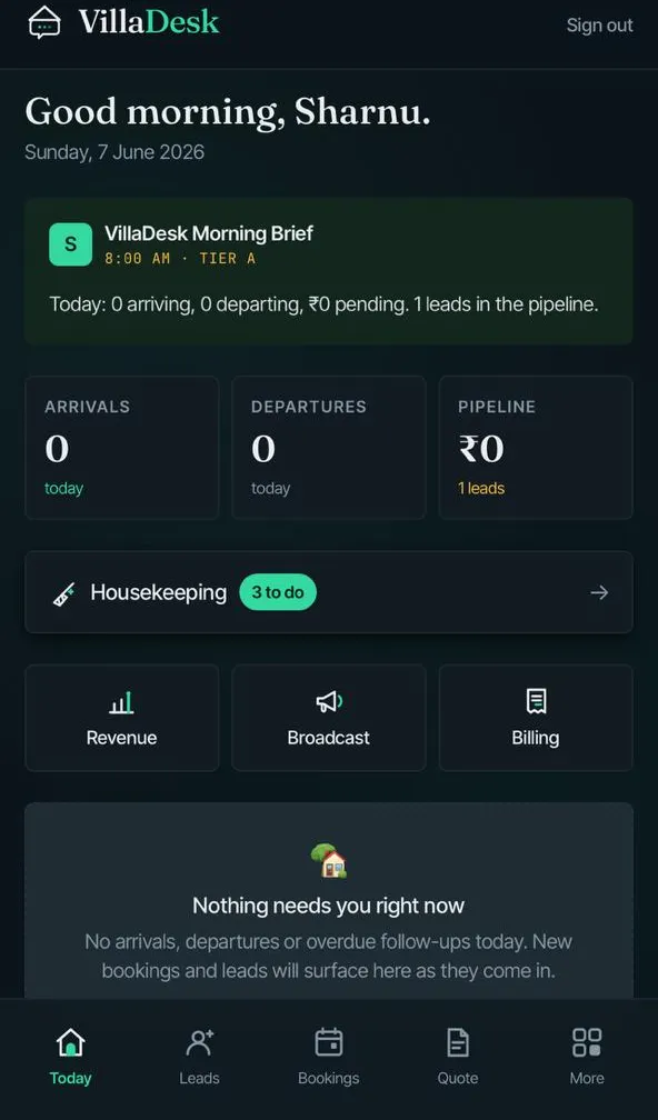 The VillaDesk app running in the Midnight dark theme — the Today dashboard