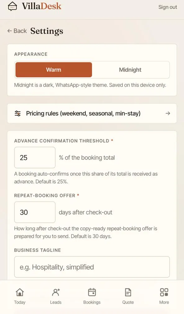 The VillaDesk app running in the Warm theme — Settings with the appearance switcher