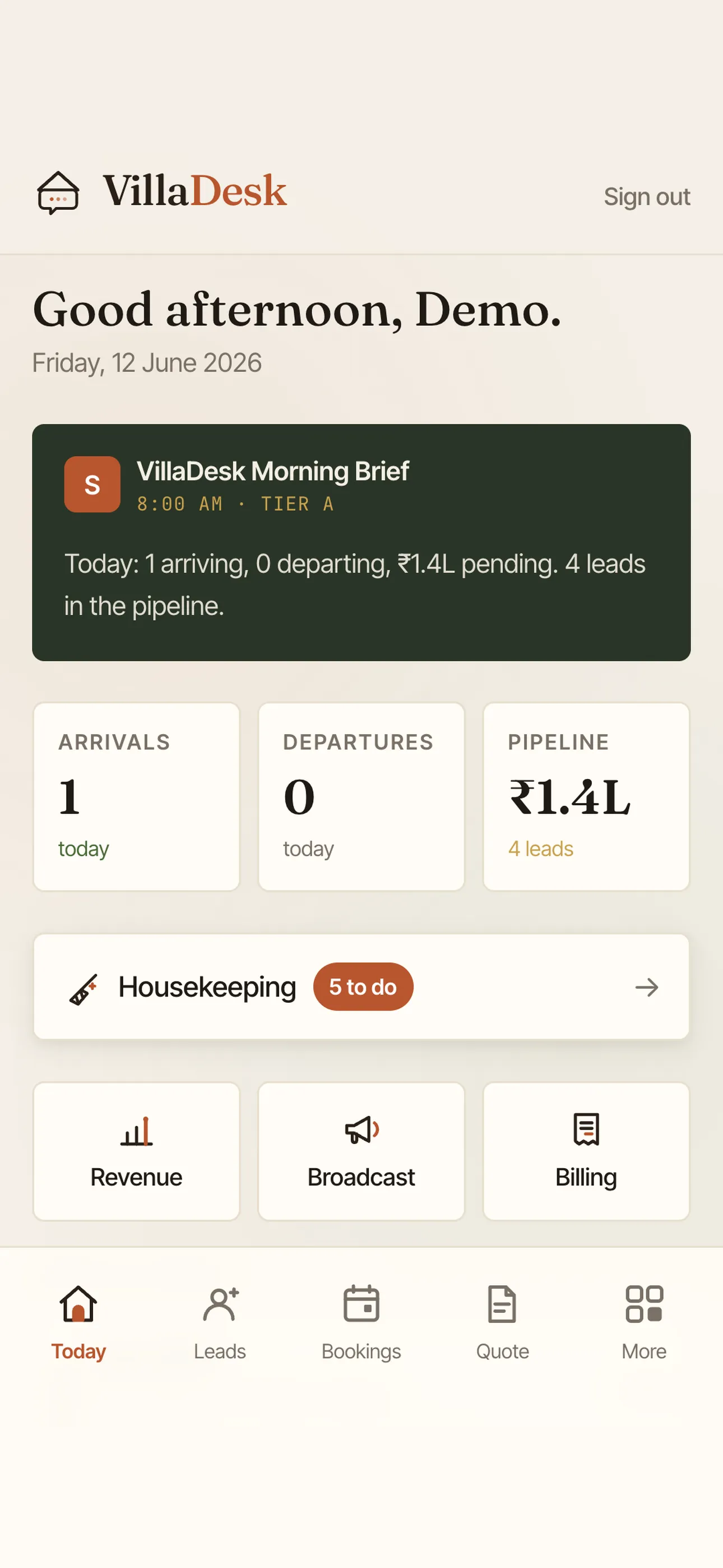 VillaDesk app — Today screen